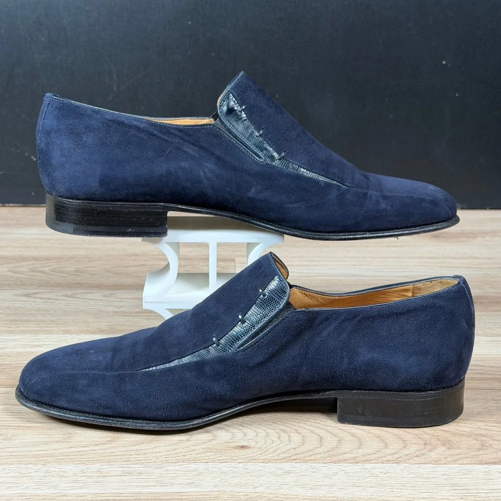 Moreschi Loafers Mens Size 11 Navy Blue Suede Lizard Trim Slip On Made in Italy